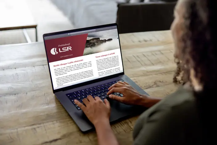 Woman reads LSR newsletter on a laptop